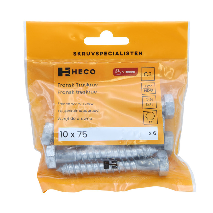 Träskruv Fransk 10 x 75 mm 6-pack Heco